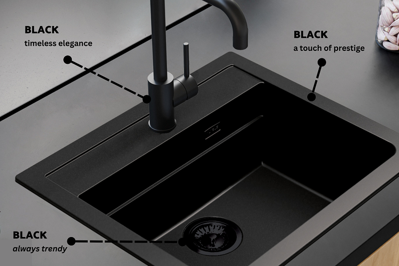 Black kitchen sink and tap Alveus